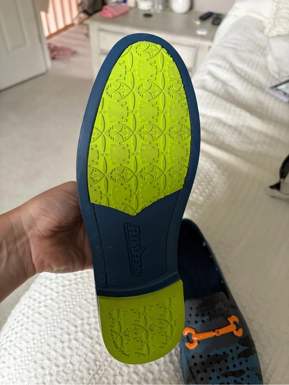 Men's Blue Camouflage Boat Shoes with Orange Accent
